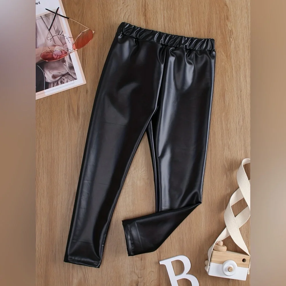 (A9) Shein Girls Kids Black Faux Leather Fashion Joggers‎ Pants Leggings 4Y